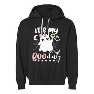 Funny Its My Boo Day Cute Halloween Birthday Ghost Pink Bow Garment-Dyed Fleece Hoodie