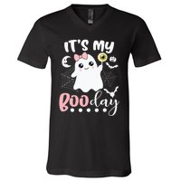 Funny Its My Boo Day Cute Halloween Birthday Ghost Pink Bow V-Neck T-Shirt