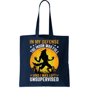 Funny In My Defense Werewolf Halloween Moon Men Women Tote Bag