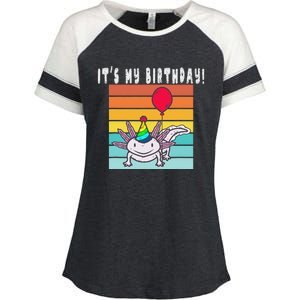 Funny It's My Birthday Axolotl Party Hat & Balloon  Enza Ladies Jersey Colorblock Tee