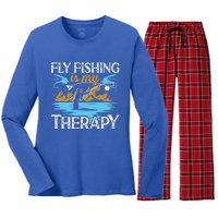 Flyfishing Is My Therapy Fly Angling Fish Hunting Therapy Gift Women's Long Sleeve Flannel Pajama Set 