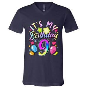 Funny Its My Birthday 9 Years Old 9th Birthday V-Neck T-Shirt