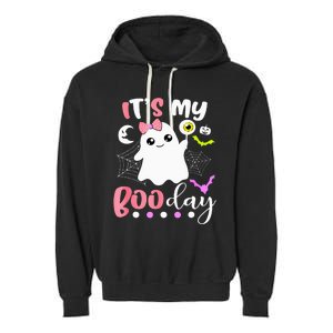 Funny Its My Boo Day Cute Halloween Birthday Ghost Pink Bow Garment-Dyed Fleece Hoodie