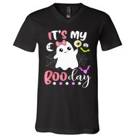 Funny Its My Boo Day Cute Halloween Birthday Ghost Pink Bow V-Neck T-Shirt