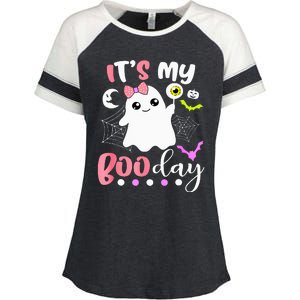 Funny Its My Boo Day Cute Halloween Birthday Ghost Pink Bow Enza Ladies Jersey Colorblock Tee