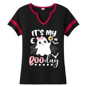 Funny Its My Boo Day Cute Halloween Birthday Ghost Pink Bow Ladies Halftime Notch Neck Tee