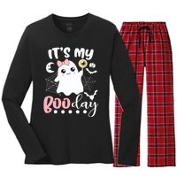 Funny Its My Boo Day Cute Halloween Birthday Ghost Pink Bow Women's Long Sleeve Flannel Pajama Set 