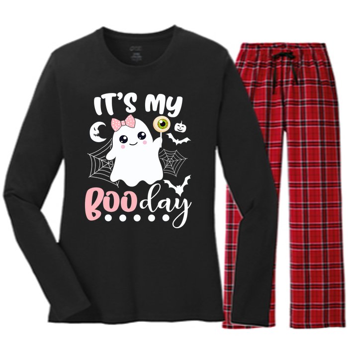 Funny Its My Boo Day Cute Halloween Birthday Ghost Pink Bow Women's Long Sleeve Flannel Pajama Set 