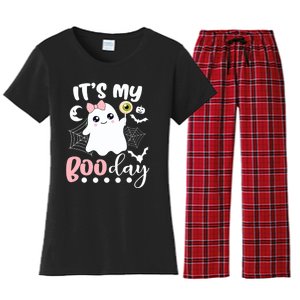 Funny Its My Boo Day Cute Halloween Birthday Ghost Pink Bow Women's Flannel Pajama Set