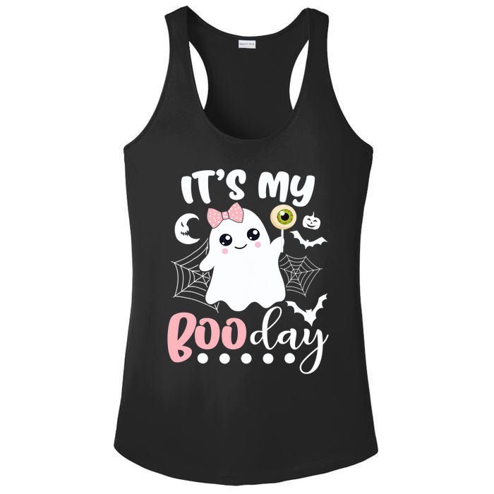 Funny Its My Boo Day Cute Halloween Birthday Ghost Pink Bow Ladies PosiCharge Competitor Racerback Tank