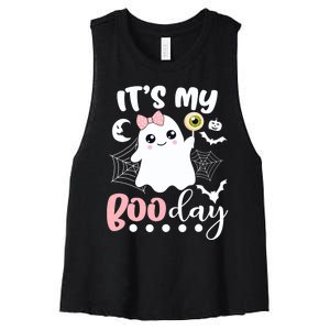 Funny Its My Boo Day Cute Halloween Birthday Ghost Pink Bow Women's Racerback Cropped Tank