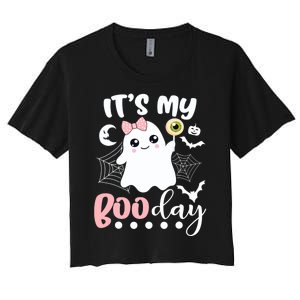 Funny Its My Boo Day Cute Halloween Birthday Ghost Pink Bow Women's Crop Top Tee