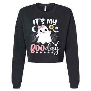 Funny Its My Boo Day Cute Halloween Birthday Ghost Pink Bow Cropped Pullover Crew