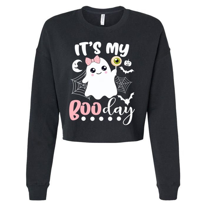 Funny Its My Boo Day Cute Halloween Birthday Ghost Pink Bow Cropped Pullover Crew