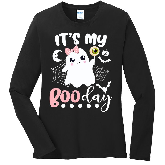 Funny Its My Boo Day Cute Halloween Birthday Ghost Pink Bow Ladies Long Sleeve Shirt