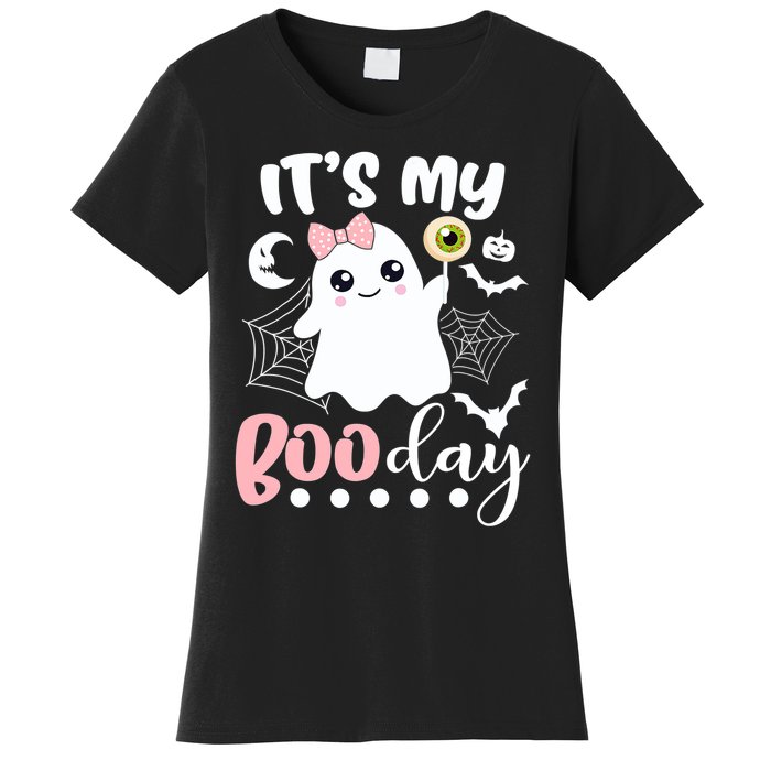 Funny Its My Boo Day Cute Halloween Birthday Ghost Pink Bow Women's T-Shirt