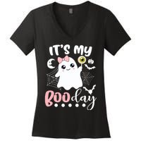 Funny Its My Boo Day Cute Halloween Birthday Ghost Pink Bow Women's V-Neck T-Shirt