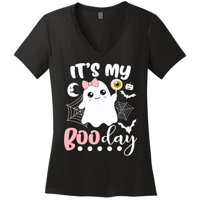 Funny Its My Boo Day Cute Halloween Birthday Ghost Pink Bow Women's V-Neck T-Shirt