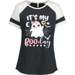 Funny Its My Boo Day Cute Halloween Birthday Ghost Pink Bow Enza Ladies Jersey Colorblock Tee