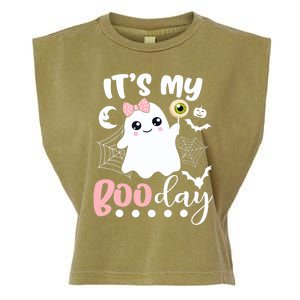 Funny Its My Boo Day Cute Halloween Birthday Ghost Pink Bow Garment-Dyed Women's Muscle Tee