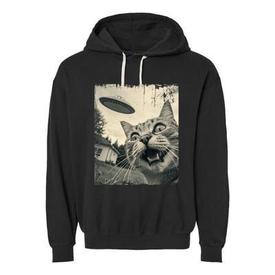 Funny Invasion Meme Vintage Alien Cat Ufo Selfie Garment-Dyed Fleece Hoodie