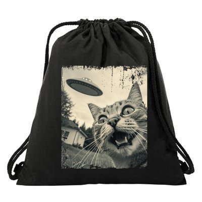 Funny Invasion Meme Vintage Alien Cat Ufo Selfie Drawstring Bag