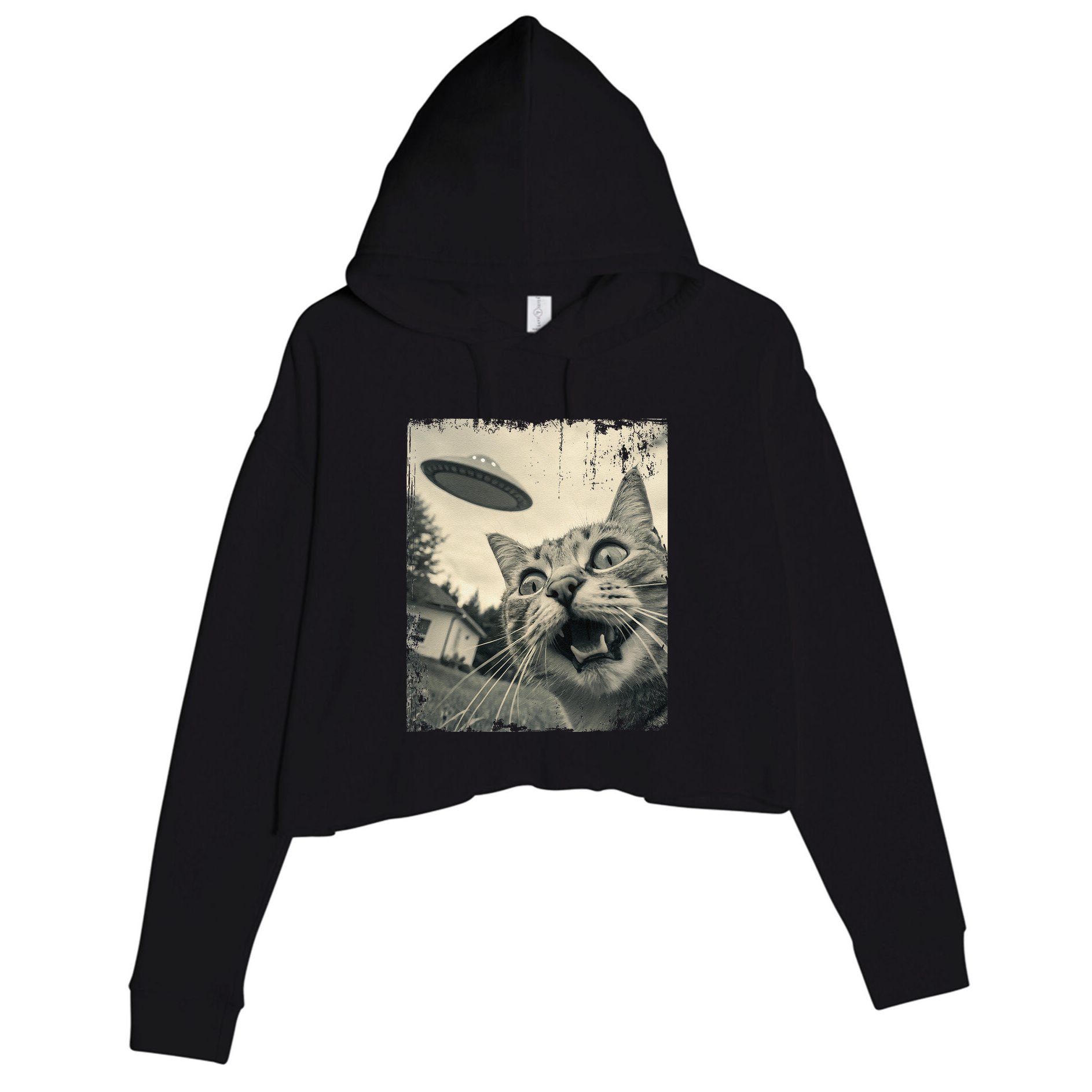 Funny Invasion Meme Vintage Alien Cat Ufo Selfie Crop Fleece Hoodie