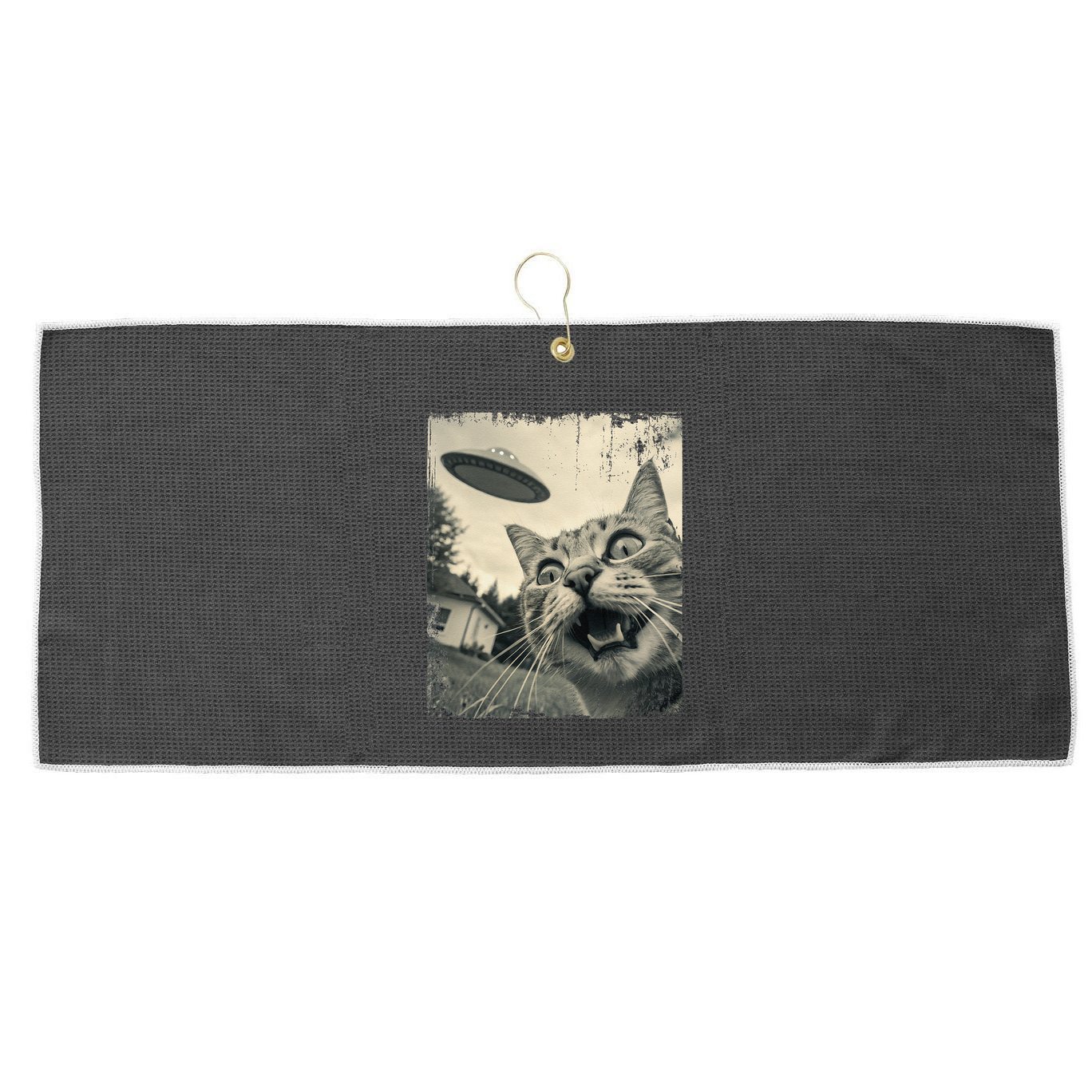 Funny Invasion Meme Vintage Alien Cat Ufo Selfie Large Microfiber Waffle Golf Towel