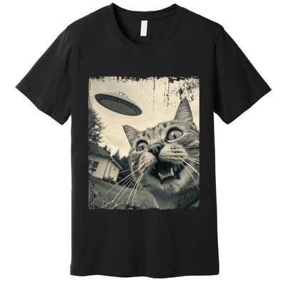 Funny Invasion Meme Vintage Alien Cat Ufo Selfie Premium T-Shirt