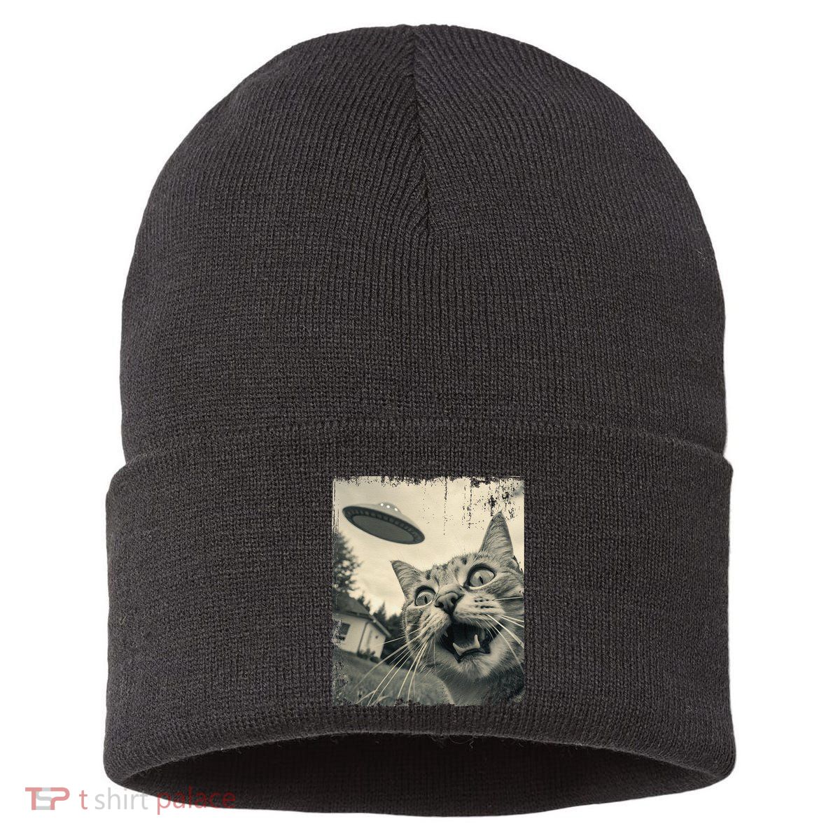 Funny Invasion Meme Vintage Alien Cat Ufo Selfie Sustainable Knit Beanie
