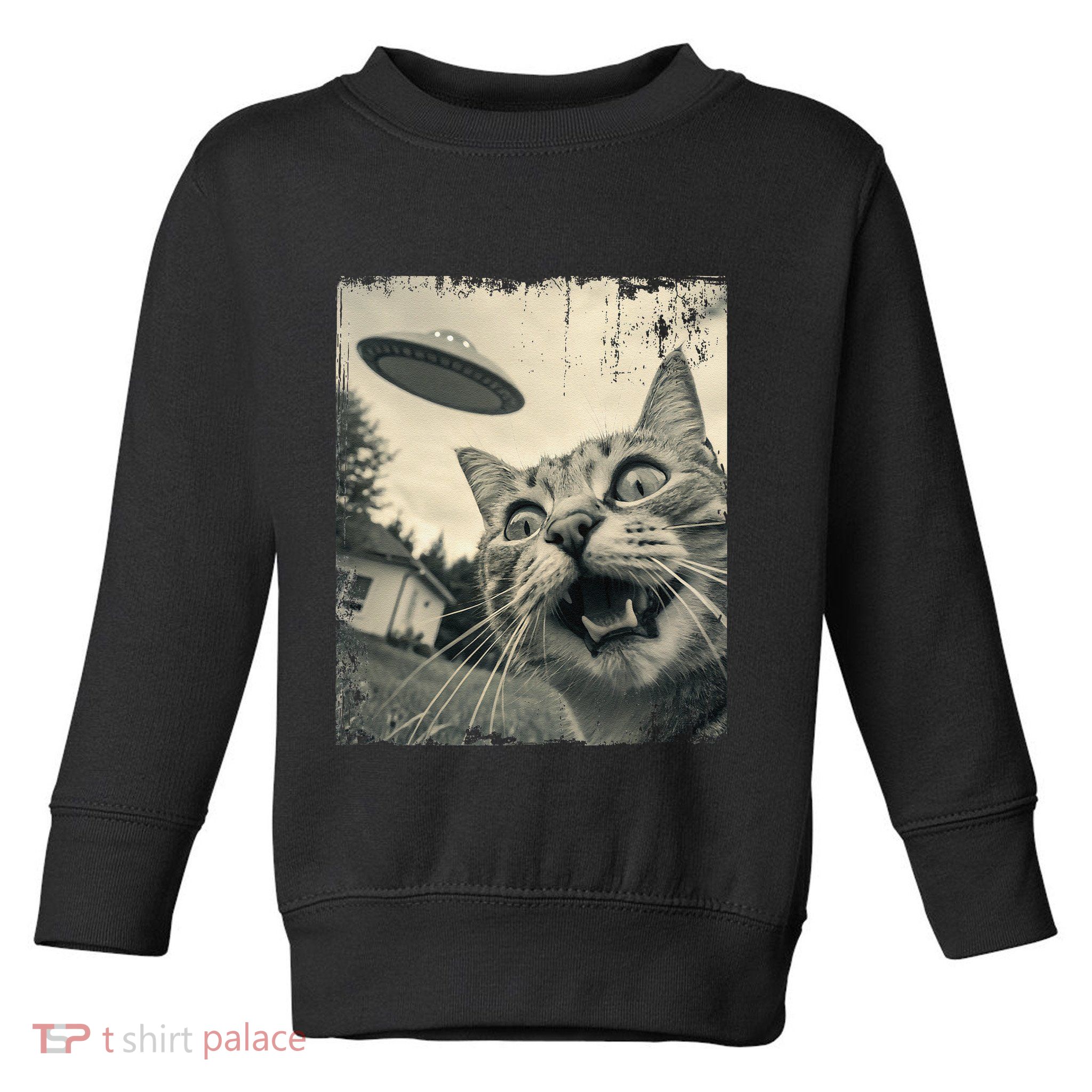 Funny Invasion Meme Vintage Alien Cat Ufo Selfie Toddler Sweatshirt