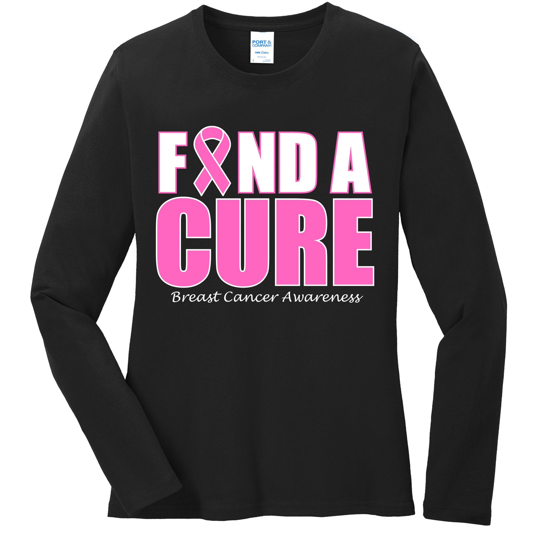 Find A Cure Breast Cancer Awareness Ribbon Ladies Long Sleeve Shirt