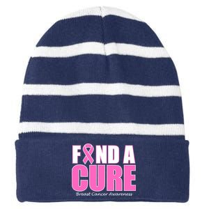 Find A Cure Breast Cancer Awareness Ribbon Striped Beanie with Solid Band