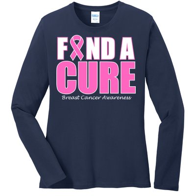 Find A Cure Breast Cancer Awareness Ribbon Ladies Long Sleeve Shirt