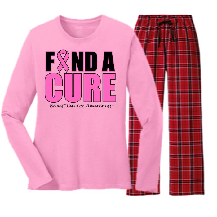 Find A Cure Breast Cancer Awareness Ribbon Women's Long Sleeve Flannel Pajama Set 