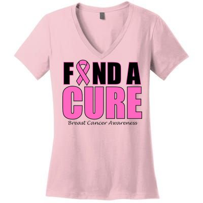 Find A Cure Breast Cancer Awareness Ribbon Women's V-Neck T-Shirt