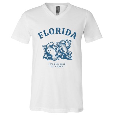 Florida ItS One Hell Of A Drug Funny Crocodile And Manatees V-Neck T-Shirt