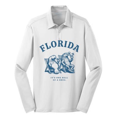 Florida ItS One Hell Of A Drug Funny Crocodile And Manatees Silk Touch Performance Long Sleeve Polo