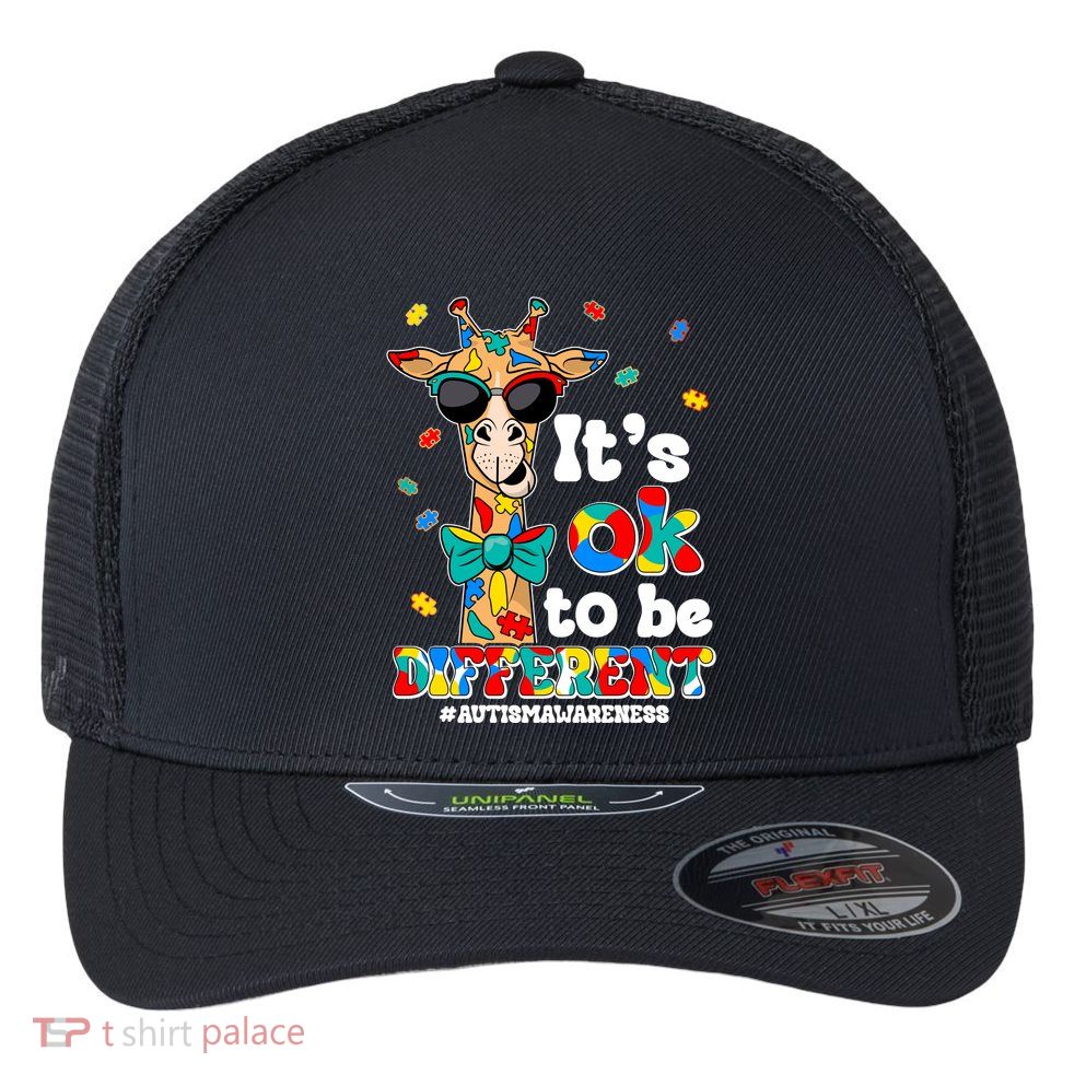Funny ItS Ok To Be Different Autism Awareness Giraffe Flexfit Unipanel Trucker Cap