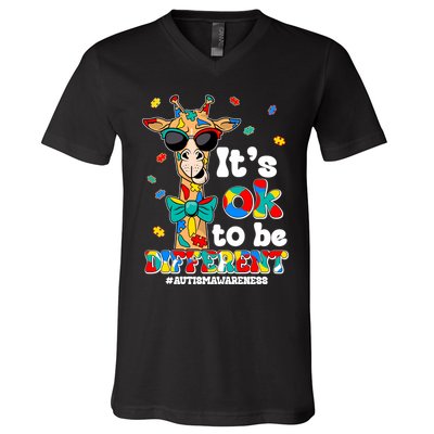 Funny ItS Ok To Be Different Autism Awareness Giraffe V-Neck T-Shirt