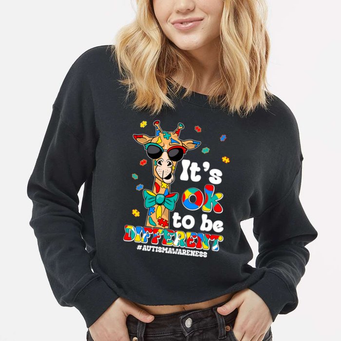 Funny ItS Ok To Be Different Autism Awareness Giraffe Cropped Pullover Crew