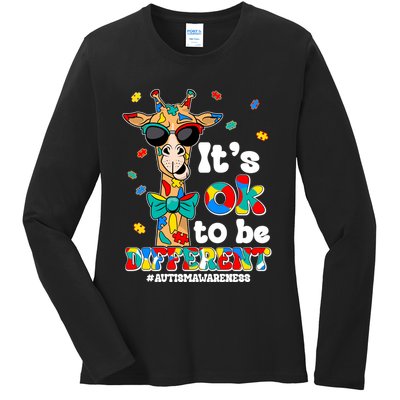 Funny ItS Ok To Be Different Autism Awareness Giraffe Ladies Long Sleeve Shirt
