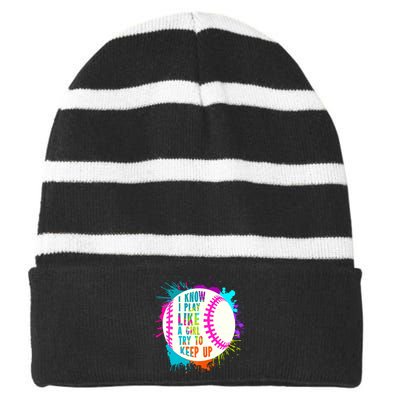 Funny I Play Like A Girl Softball Baseball Quote Striped Beanie with Solid Band