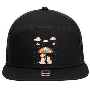 Funny Idiom Raining Cats And Dogs Cute Canine Feline Lover 7 Panel Mesh Trucker Snapback Hat