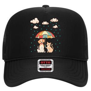 Funny Idiom Raining Cats And Dogs Cute Canine Feline Lover High Crown Mesh Back Trucker Hat