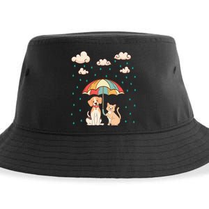 Funny Idiom Raining Cats And Dogs Cute Canine Feline Lover Sustainable Bucket Hat