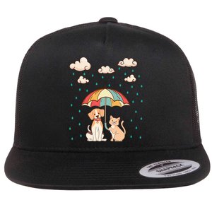 Funny Idiom Raining Cats And Dogs Cute Canine Feline Lover Flat Bill Trucker Hat