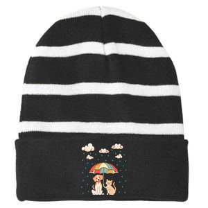 Funny Idiom Raining Cats And Dogs Cute Canine Feline Lover Striped Beanie with Solid Band