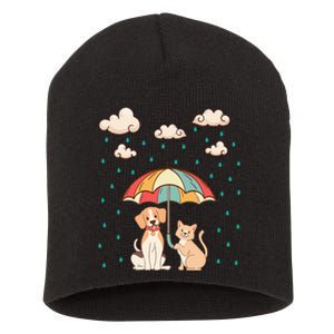 Funny Idiom Raining Cats And Dogs Cute Canine Feline Lover Short Acrylic Beanie