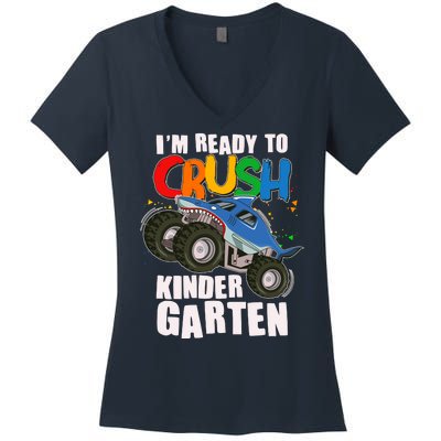 Funny I'm Ready To Crush Kindergarten Shark Monster Truck Women's V-Neck T-Shirt